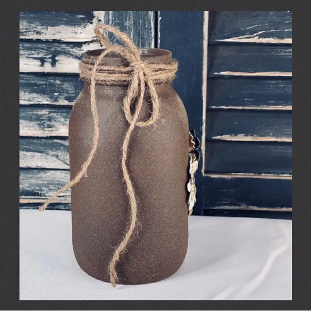 Hand Painted Textured Quart Mason Jar with 3D Paper Flowers and Jute Twine Bow